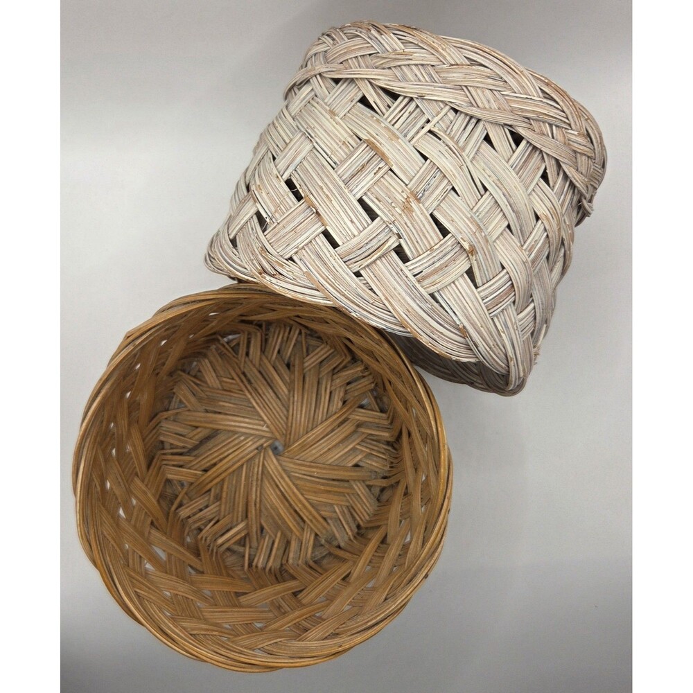 VTG Coco Midrib Woven Baskets Pair Boho Decor Small Round 6" X 4.25 Set of 2